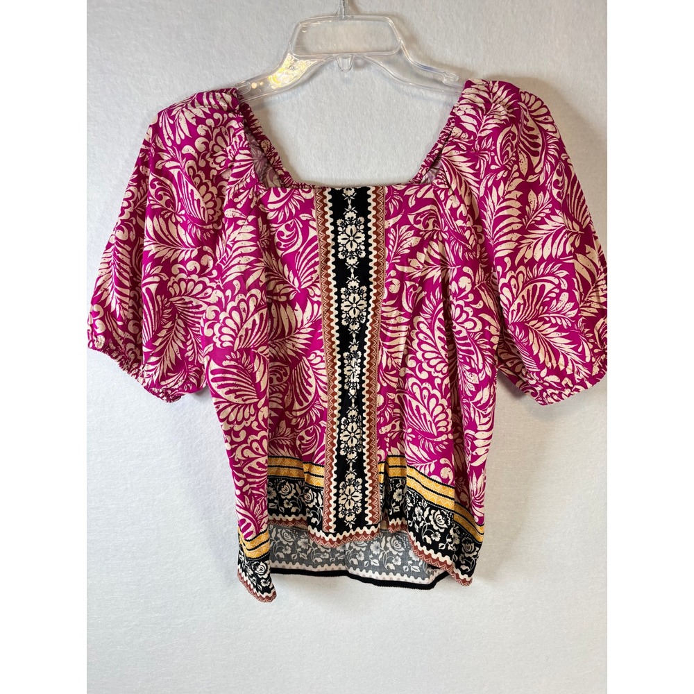LOFT Petite XS Pink Leaf Print Square Neck Puff Sleeve Boho‎ Blouse Top